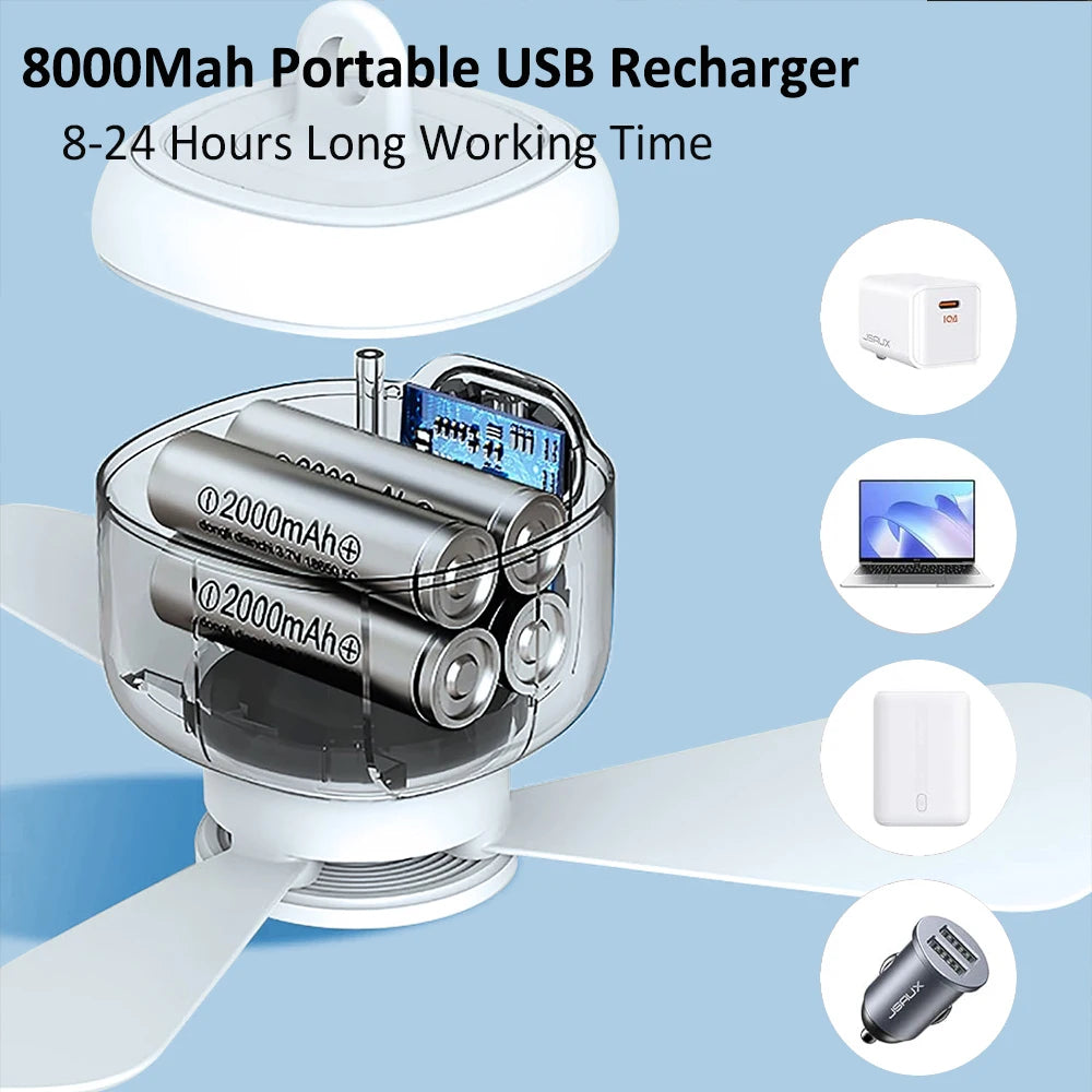 Portable USB Rechargeable Ceiling Fan with Remote Control Light